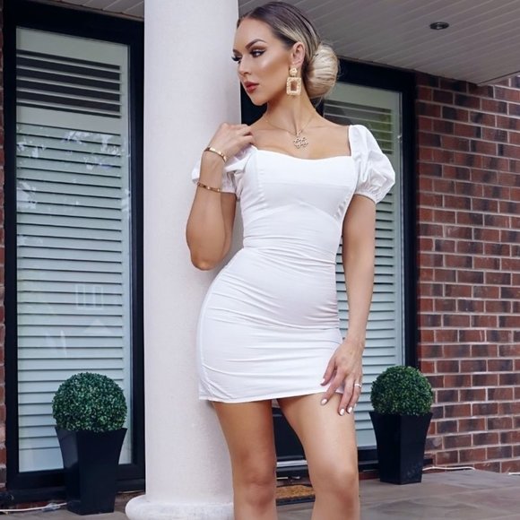 White Short Puff Sleeve Bodycon Mini Dress - Picture 4 of 7